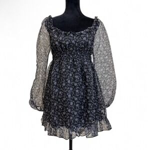 All In‎ Favor Nordstrom Black Blue Floral Sheer Long Sleeve Short Dress Ruffle M